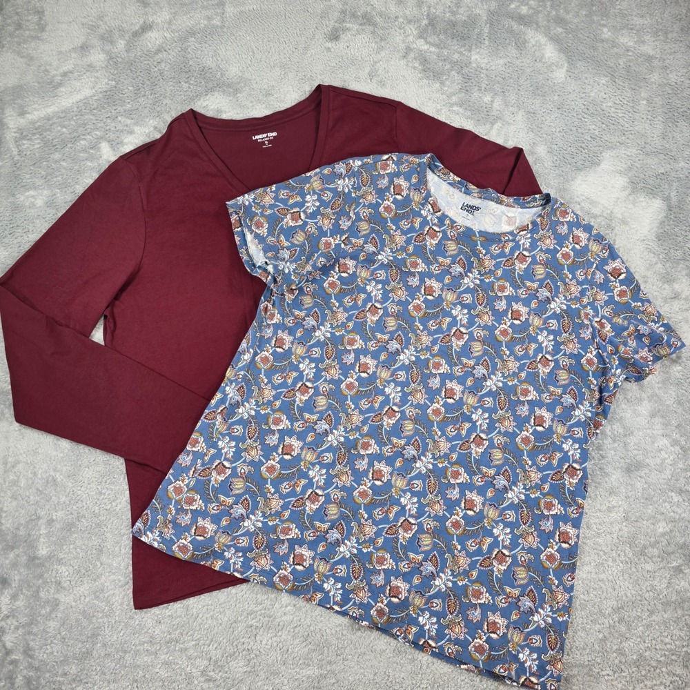 Lands End Supima Cotton T-Shirt Lot Burgundy Floral XL 18 Womens Basic